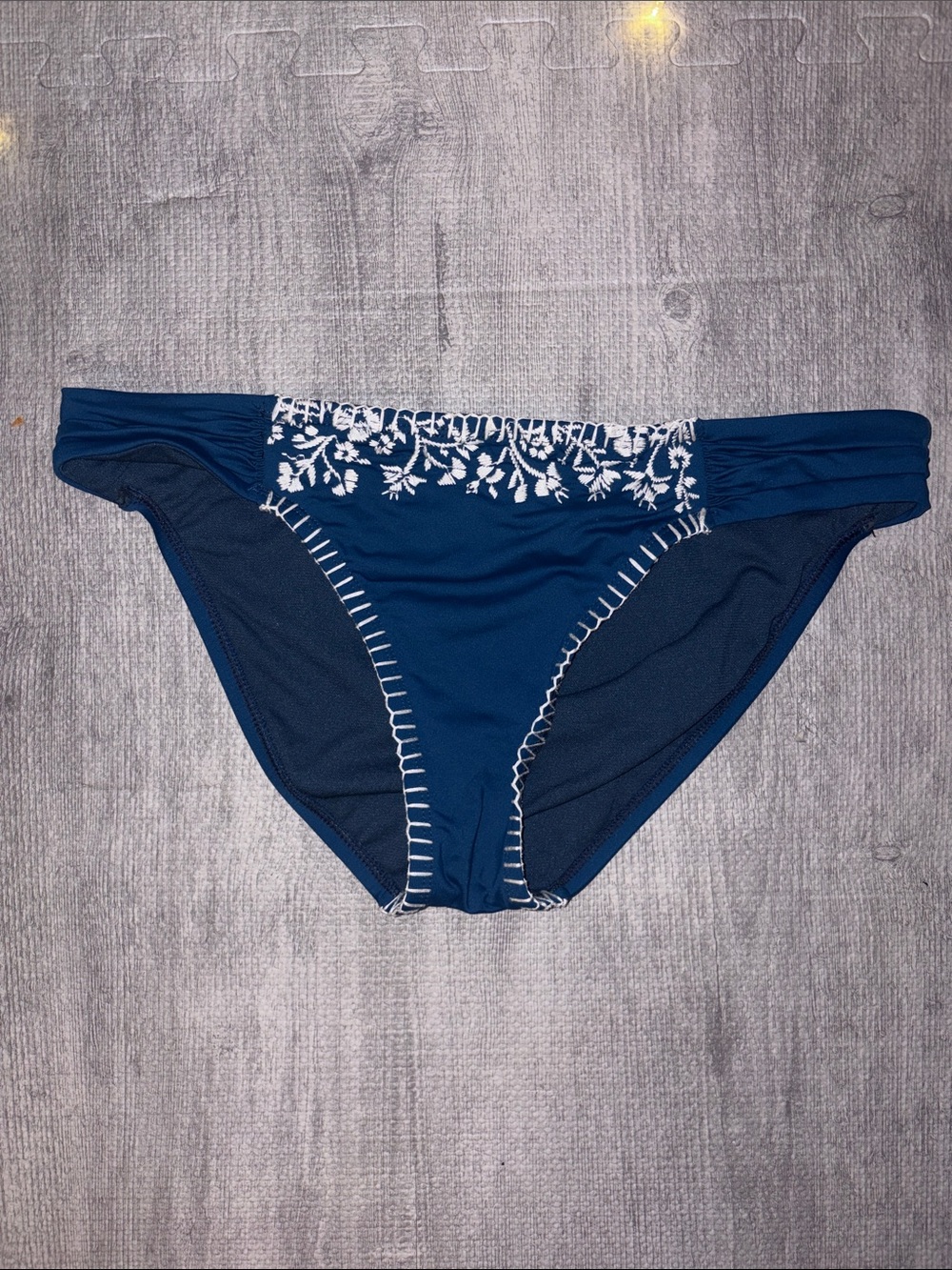 LUCKY BRAND Women’s Dark Blue with Floral Embroidery Bikini Bottom